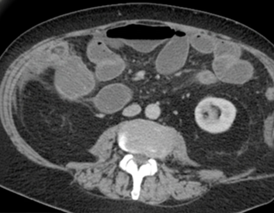 Figure 3.Abdominal CT Scan.Red arrow - Cecal carcinoma.(Courtesy Dr.V.Penopoulos).