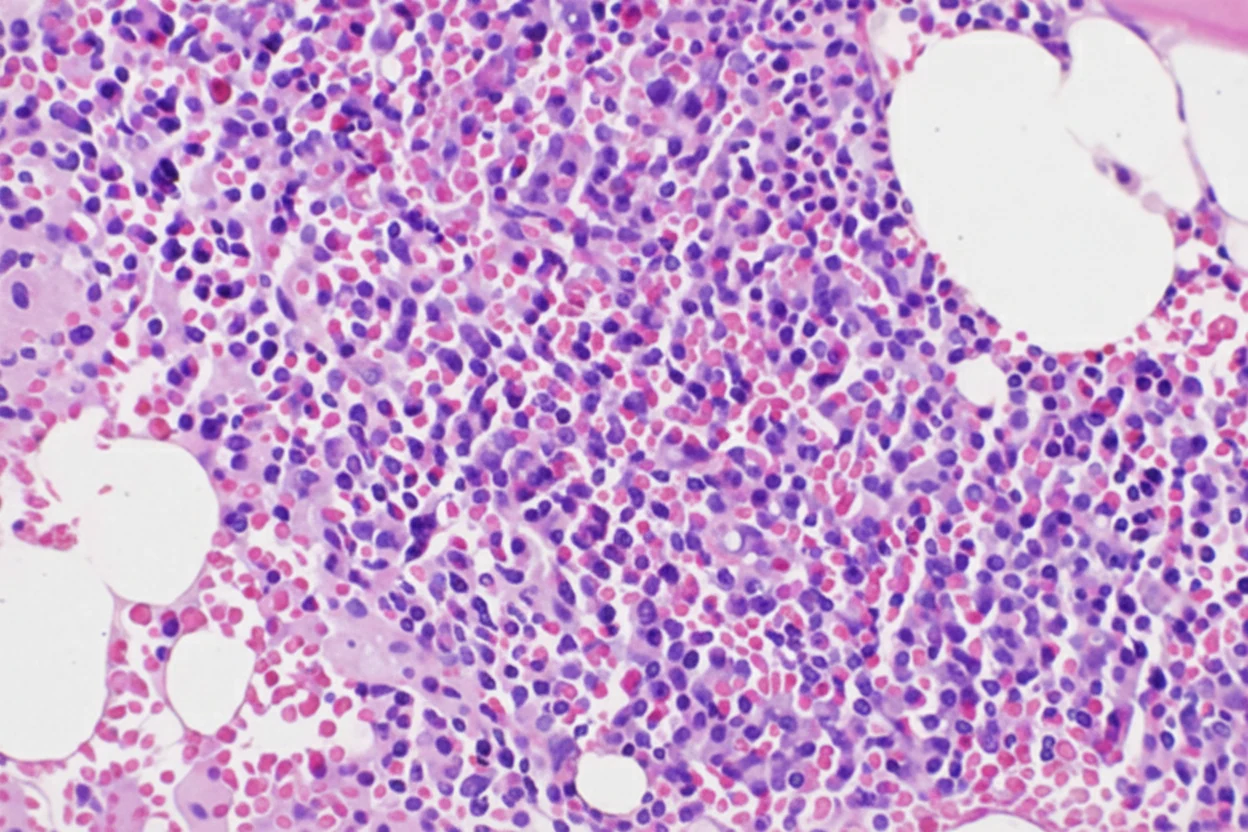 Hematoxylin and eosin staining demonstrating a hypercellular bone marrow with trilineage hematopoiesis - involving all cell lineages - and abundant mature small plasma cells.
